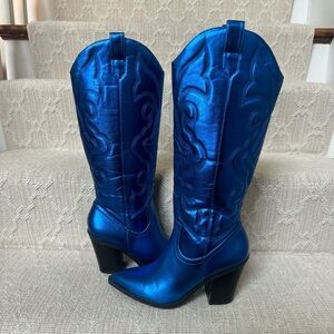 Shiny Blue Heeled Boots for Women